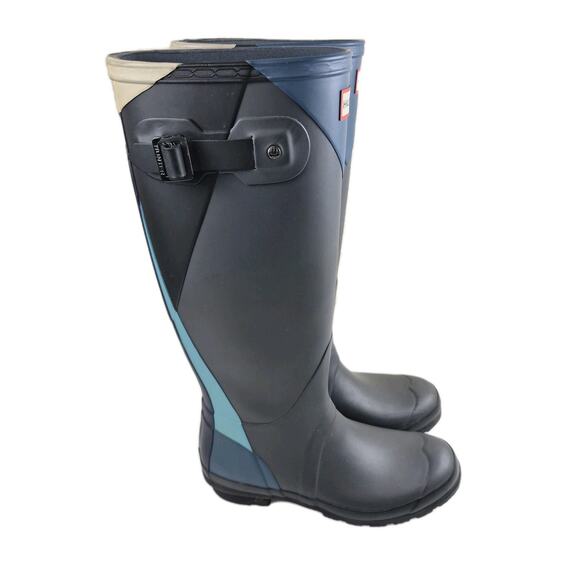 Hunter Boots 6 Navy Blue & Light Blue Matte Original Tall Rain Buckle Rubber - Picture 2 of 7